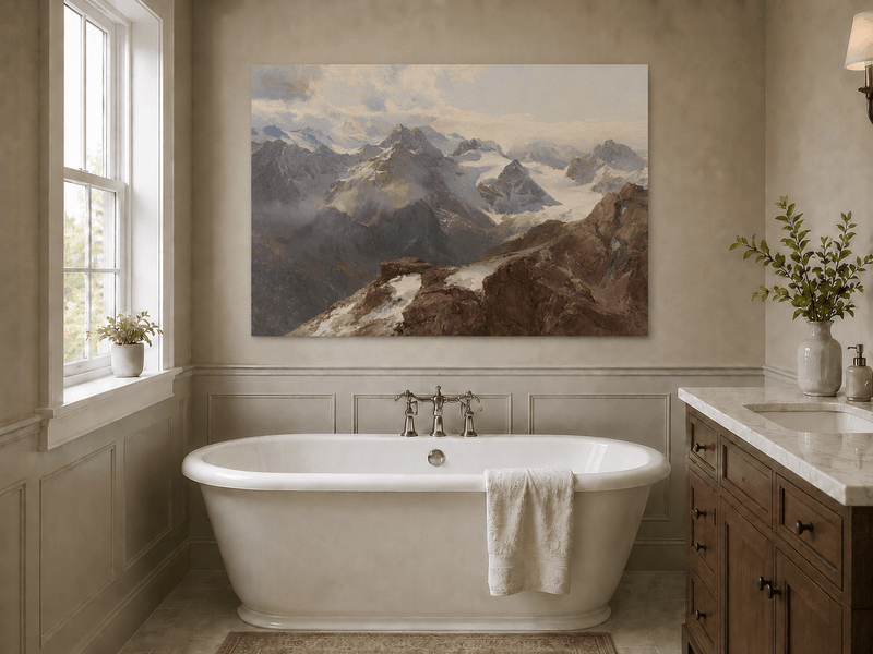 Peinture à l'huile de paysage - Chaîne de montagnes enneigées et pics rocheux