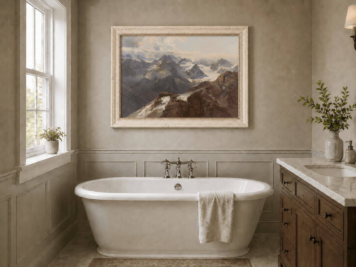 Peinture à l'huile de paysage - Chaîne de montagnes enneigées et pics rocheux