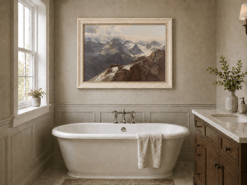 Peinture à l'huile de paysage - Chaîne de montagnes enneigées et pics rocheux