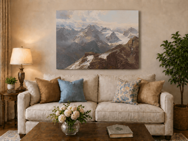 Peinture à l'huile de paysage - Chaîne de montagnes enneigées et pics rocheux
