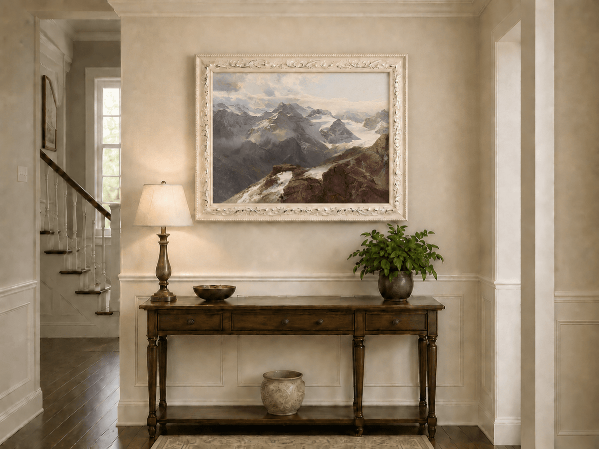 Peinture à l'huile de paysage - Chaîne de montagnes enneigées et pics rocheux