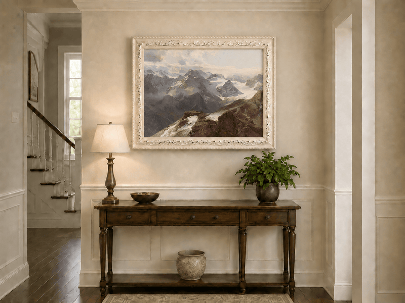 Peinture à l'huile de paysage - Chaîne de montagnes enneigées et pics rocheux