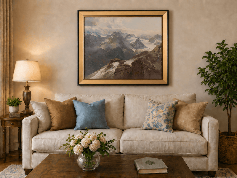 Peinture à l'huile de paysage - Chaîne de montagnes enneigées et pics rocheux