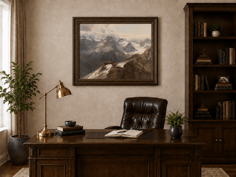 Peinture à l'huile de paysage - Chaîne de montagnes enneigées et pics rocheux