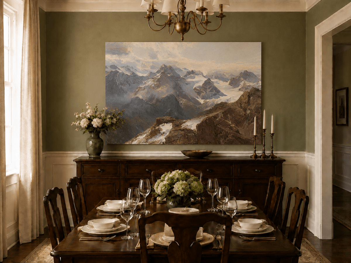 Peinture à l'huile de paysage - Chaîne de montagnes enneigées et pics rocheux