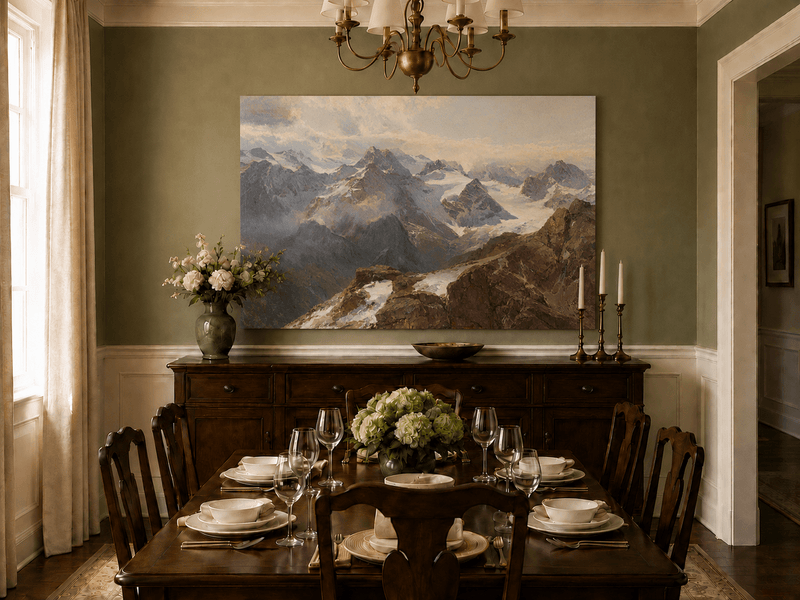 Peinture à l'huile de paysage - Chaîne de montagnes enneigées et pics rocheux