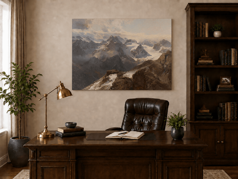 Peinture à l'huile de paysage - Chaîne de montagnes enneigées et pics rocheux