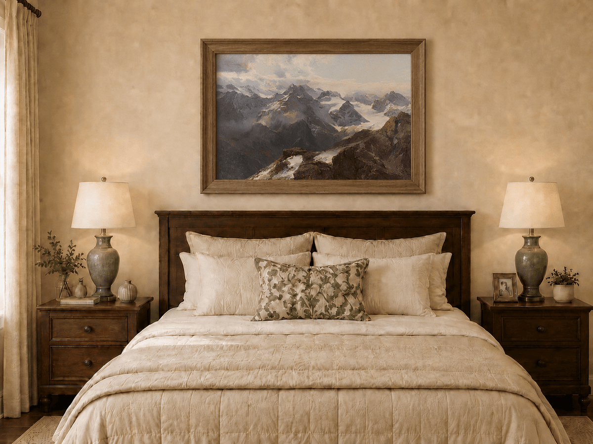 Peinture à l'huile de paysage - Chaîne de montagnes enneigées et pics rocheux