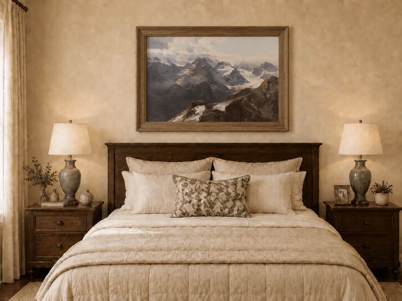 Peinture à l'huile de paysage - Chaîne de montagnes enneigées et pics rocheux