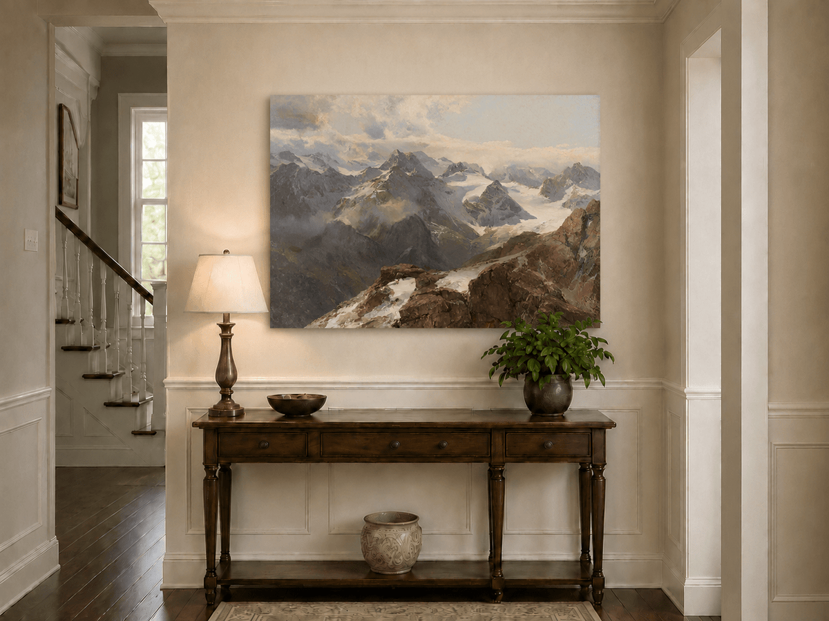 Peinture à l'huile de paysage - Chaîne de montagnes enneigées et pics rocheux