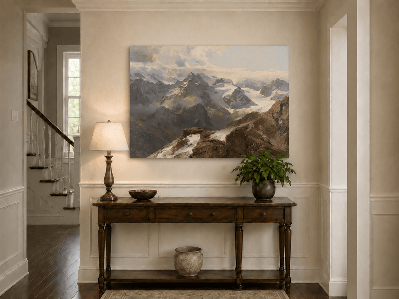 Peinture à l'huile de paysage - Chaîne de montagnes enneigées et pics rocheux