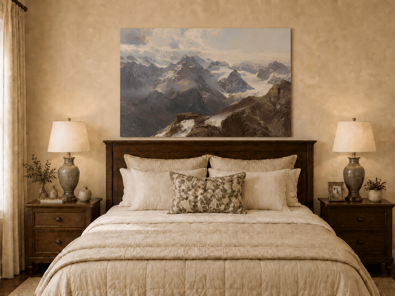 Peinture à l'huile de paysage - Chaîne de montagnes enneigées et pics rocheux