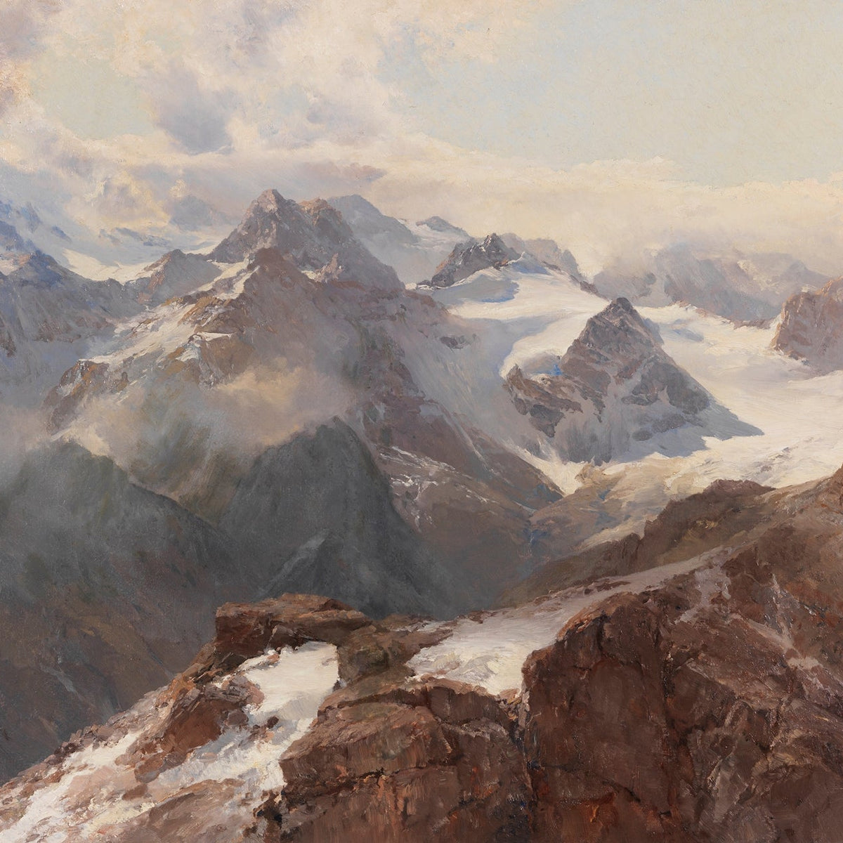 Landscape Oil Painting | Snow - capped mountain range & rocky peaks - Oil Painting Haven