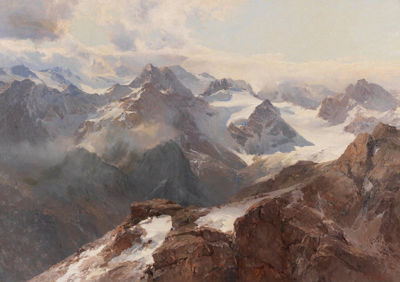 Landscape Oil Painting | Snow - capped mountain range & rocky peaks - Oil Painting Haven