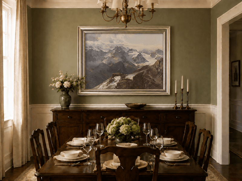 Peinture à l'huile de paysage - Chaîne de montagnes enneigées et pics rocheux