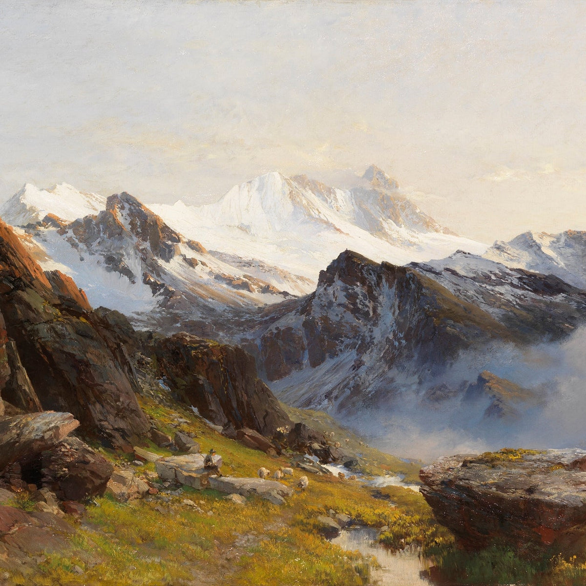 Landscape Oil Painting | snow - capped mountain valley rocky slopes mist - Oil Painting Haven