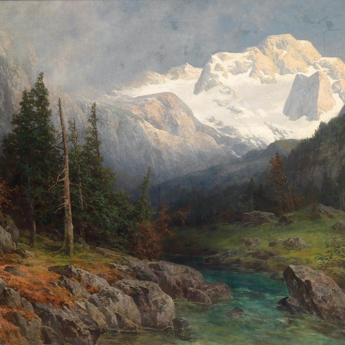 Landscape Oil Painting | Snow - capped mountain valley & turquoise stream - Oil Painting Haven