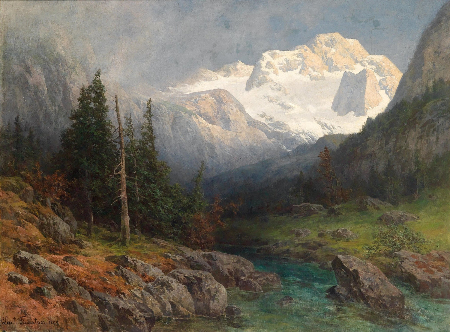 Landscape Oil Painting | Snow - capped mountain valley & turquoise stream - Oil Painting Haven