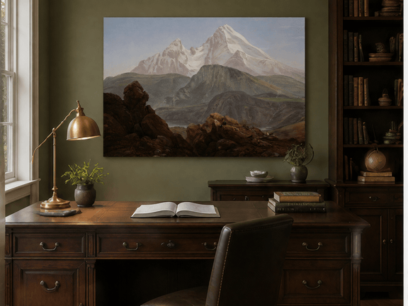 Interior wall art view featuring a snow-capped mountain view with figures oil painting.
