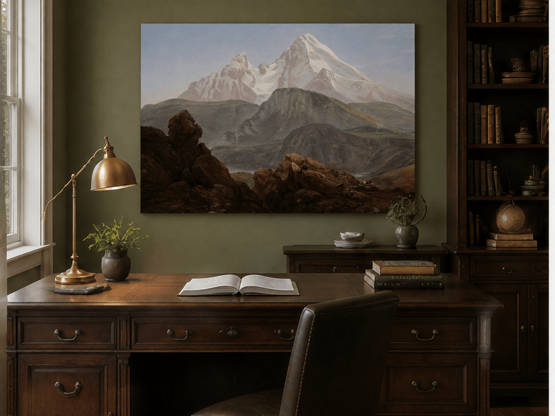 Interior wall art view featuring a snow-capped mountain view with figures oil painting.
