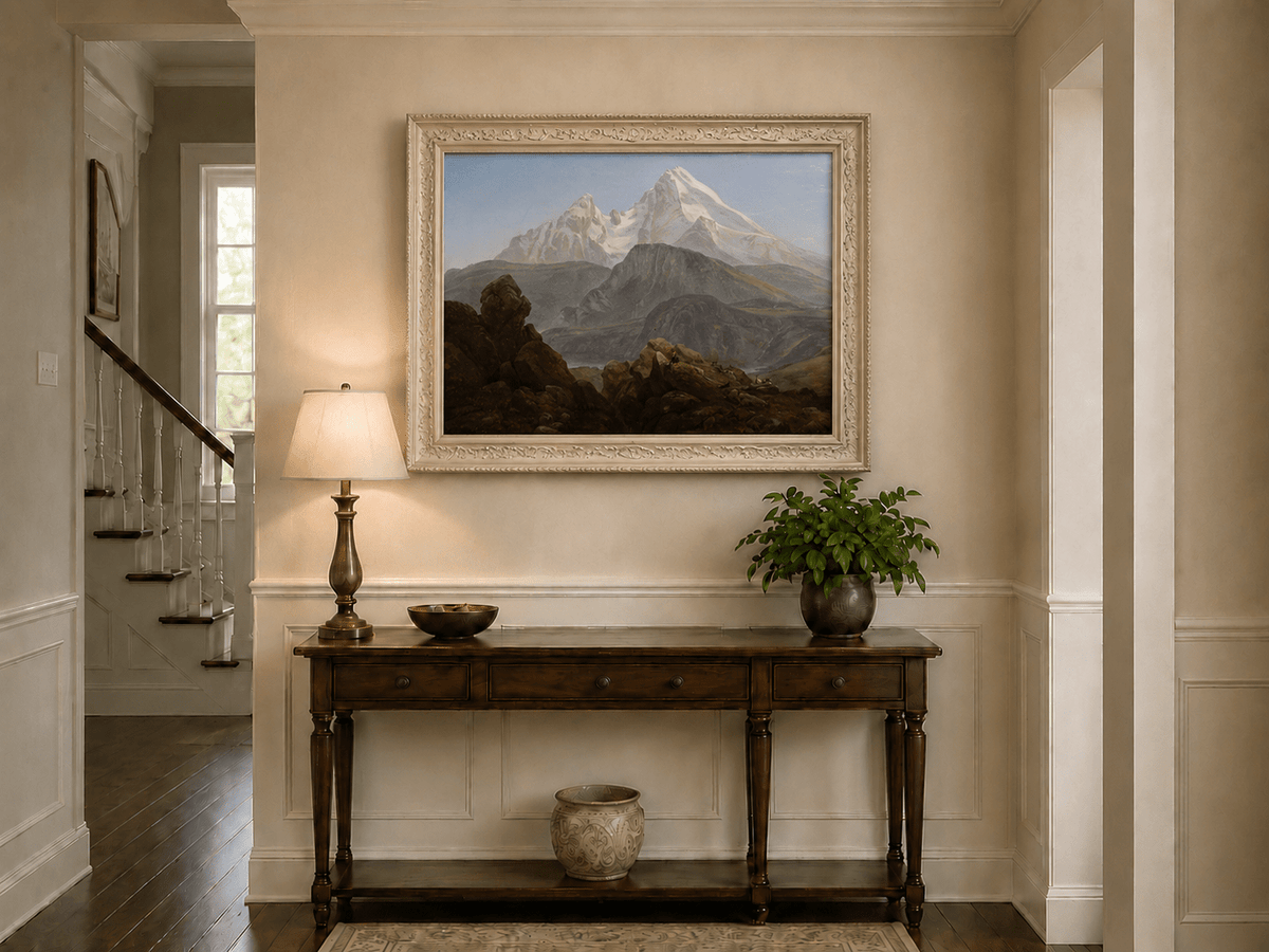 Snow-capped mountain view and figures hand-painted oil artwork shown as home wall decor.