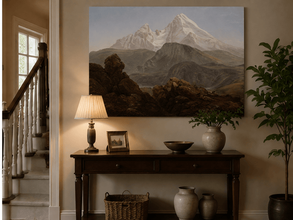 Snow-capped mountain landscape painting shown as decorative oil wall art.