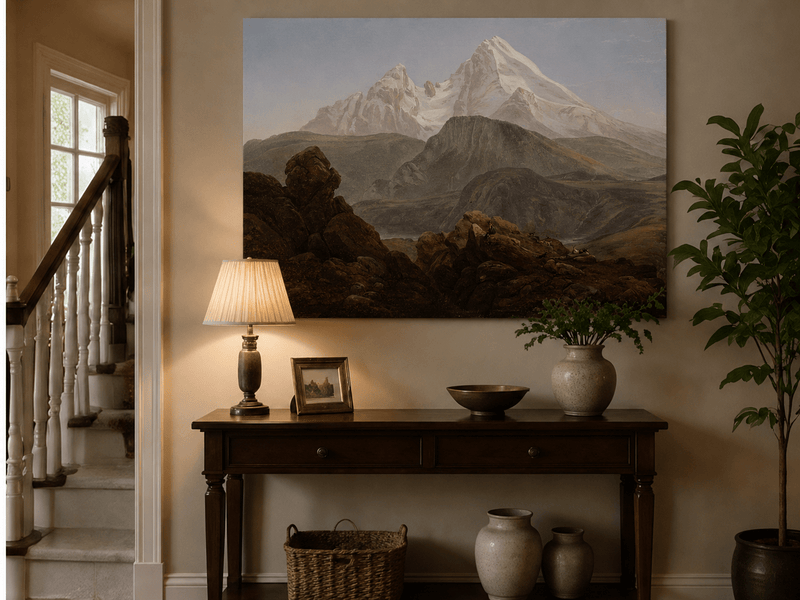 Snow-capped mountain landscape painting shown as decorative oil wall art.