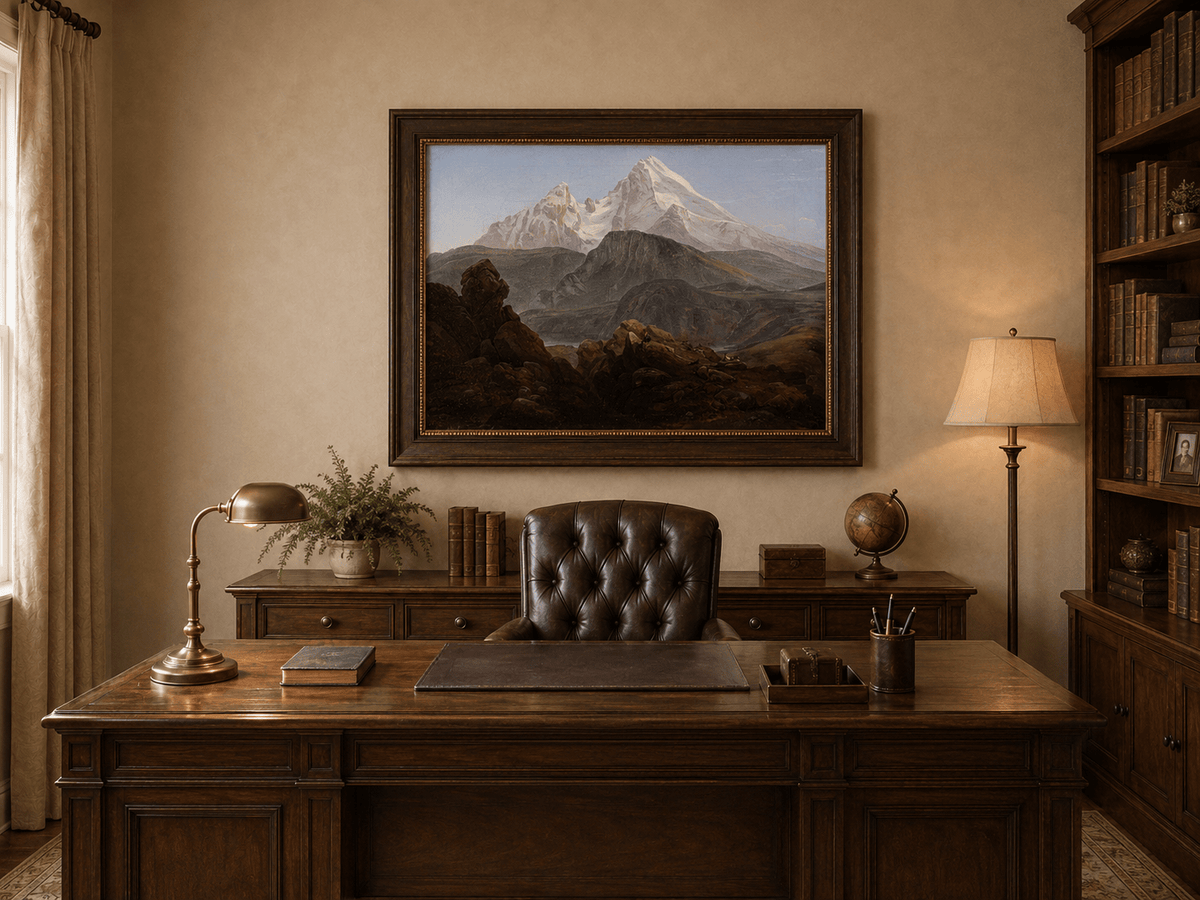 Hand-painted snow-capped mountain view with figures displayed as decorative wall art.