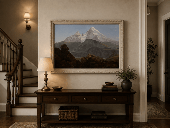 Snow-capped mountain landscape with figures oil painting presented in an interior wall art mockup.