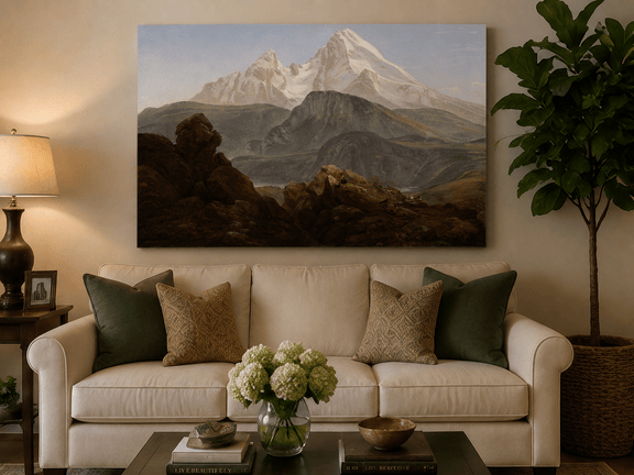 Mountain view with figures hand-painted oil artwork displayed in a second interior view.