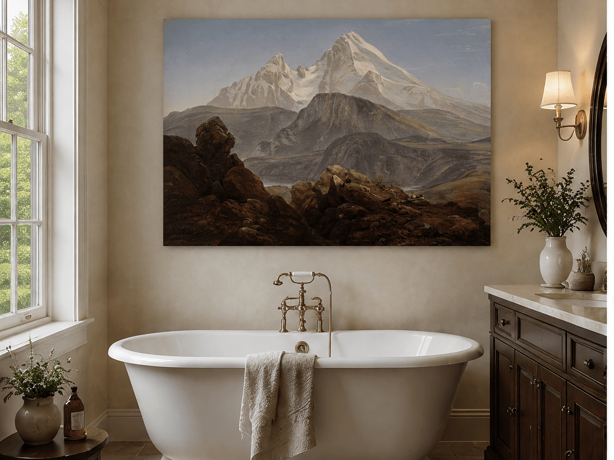 Snow-capped mountain view with figures landscape oil painting presented as styled home decor.