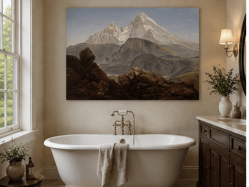 Snow-capped mountain view with figures landscape oil painting presented as styled home decor.