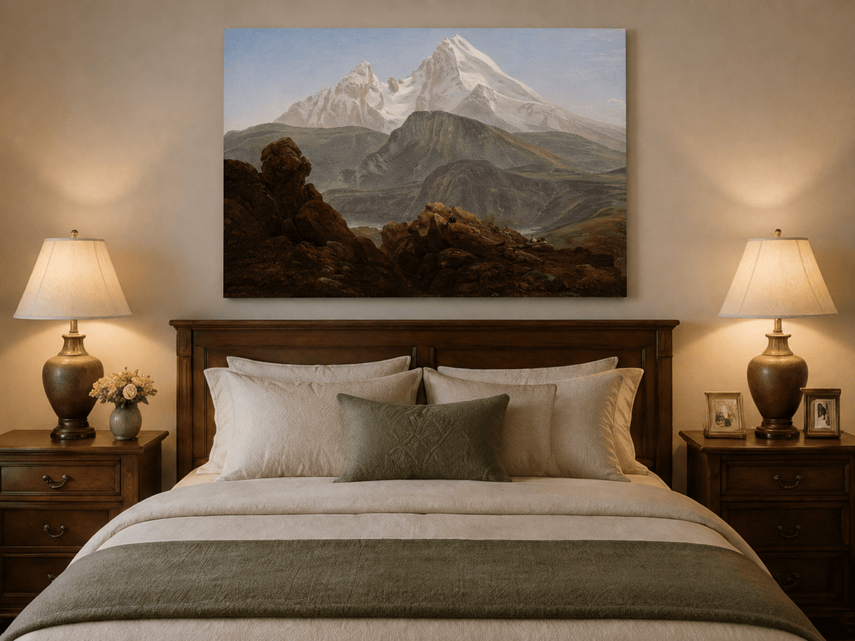 Snow-capped mountain view oil painting displayed as landscape wall decor.