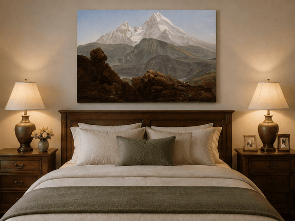 Snow-capped mountain view oil painting displayed as landscape wall decor.