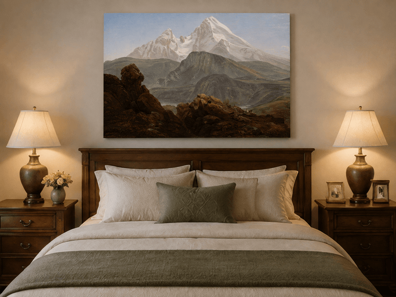 Snow-capped mountain view oil painting displayed as landscape wall decor.