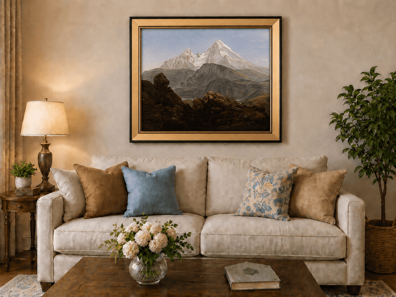 Snow-capped mountain view with figures landscape oil painting displayed in a styled home interior.