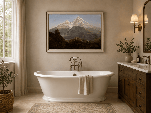 Snow-capped mountain landscape oil painting presented as interior home decor.