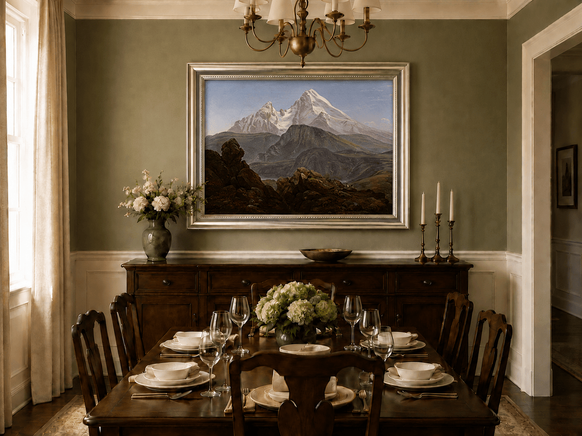 Snow-capped mountains and figures oil landscape artwork shown in a styled home interior.