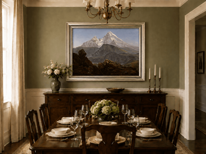 Snow-capped mountains and figures oil landscape artwork shown in a styled home interior.