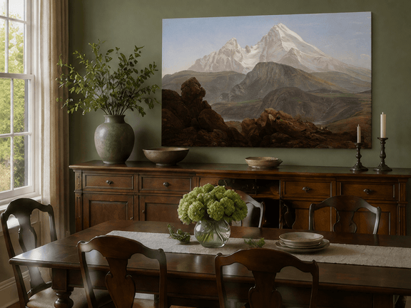 Hand-painted mountain figures and snowy peaks landscape artwork in an interior display.