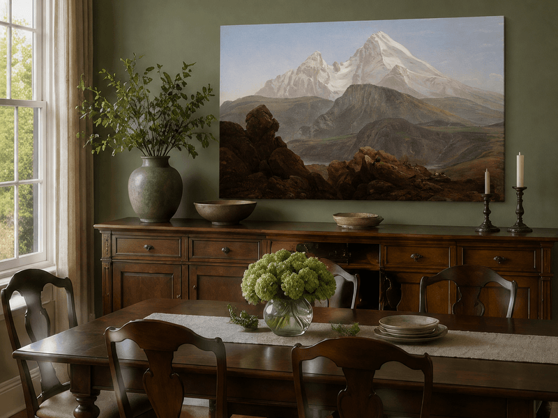 Hand-painted mountain figures and snowy peaks landscape artwork in an interior display.