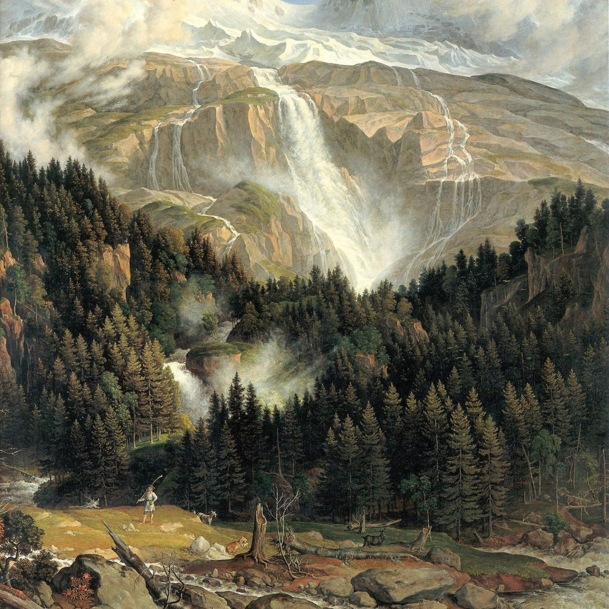 Landscape Oil Painting - Snow - Capped Peaks, Grand Waterfall & ox cart - Oil Painting Haven