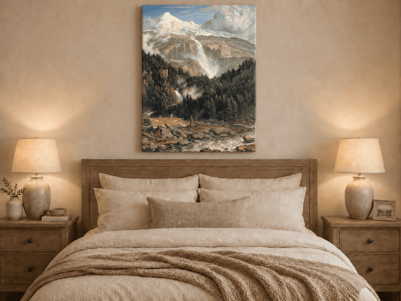 Landschaftsölgemälde – Schneebeckte Gipfel, großer Wasserfall & Ochse