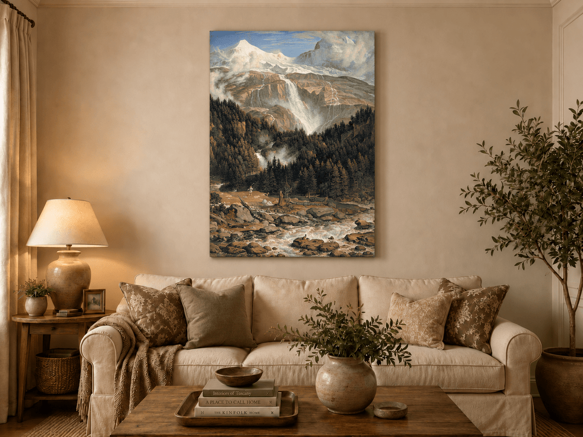 Landschaftsölgemälde – Schneebeckte Gipfel, großer Wasserfall & Ochse