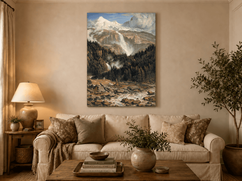 Landschaftsölgemälde – Schneebeckte Gipfel, großer Wasserfall & Ochse
