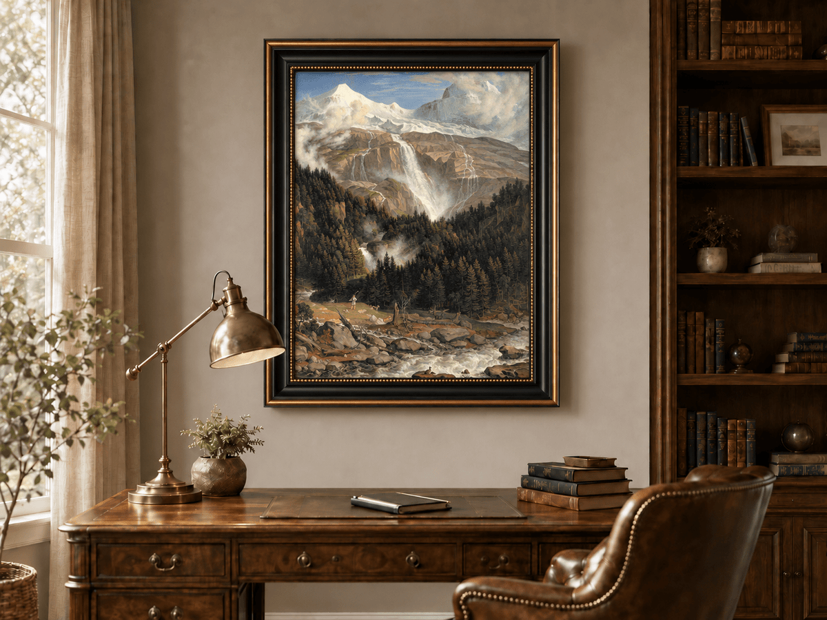Landschaftsölgemälde – Schneebeckte Gipfel, großer Wasserfall & Ochse