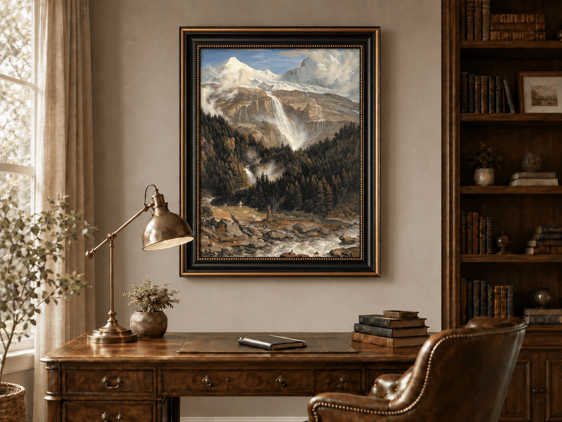 Landschaftsölgemälde – Schneebeckte Gipfel, großer Wasserfall & Ochse