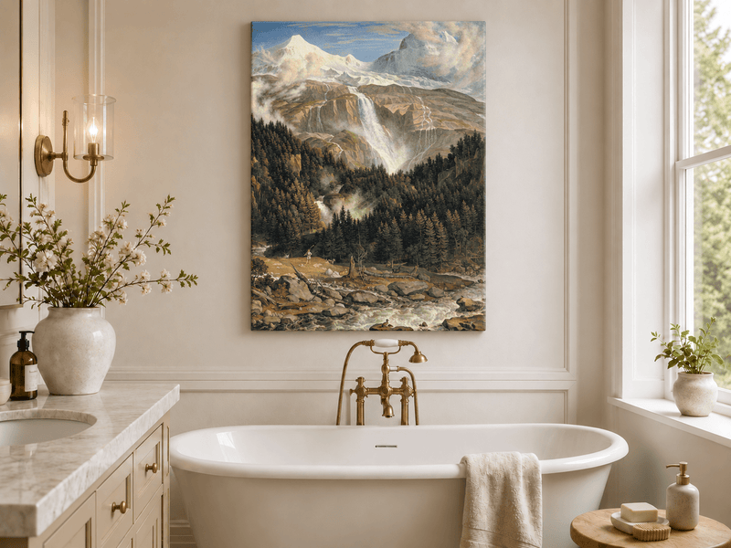 Landschaftsölgemälde – Schneebeckte Gipfel, großer Wasserfall & Ochse