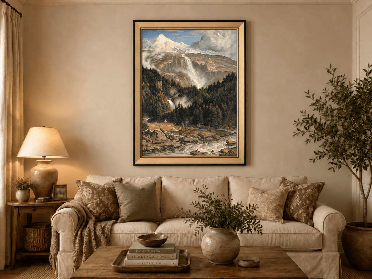 Landschaftsölgemälde – Schneebeckte Gipfel, großer Wasserfall & Ochse