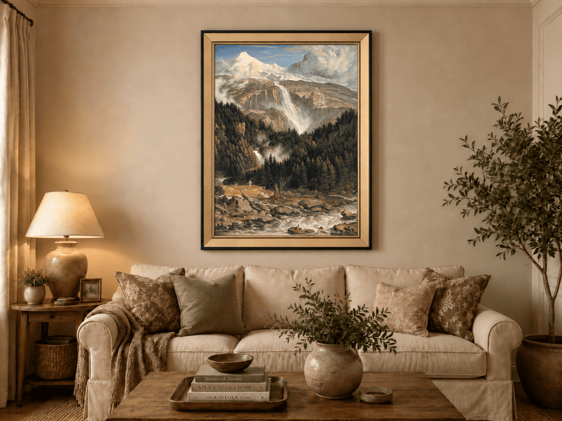 Landschaftsölgemälde – Schneebeckte Gipfel, großer Wasserfall & Ochse